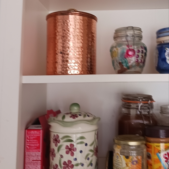 Vntg Hand Painted Ceramic Canister w Lid Butterfly Berries Flowers WHITE GREEN - Picture 5 of 16